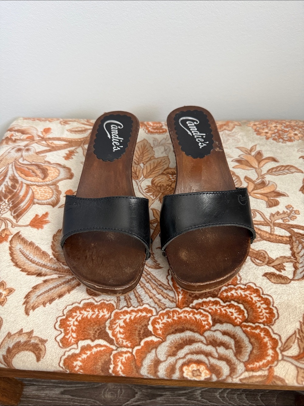 Vintage 80s Candies Wooden Slides Made In Italy Black Leather Mule Sandals Size